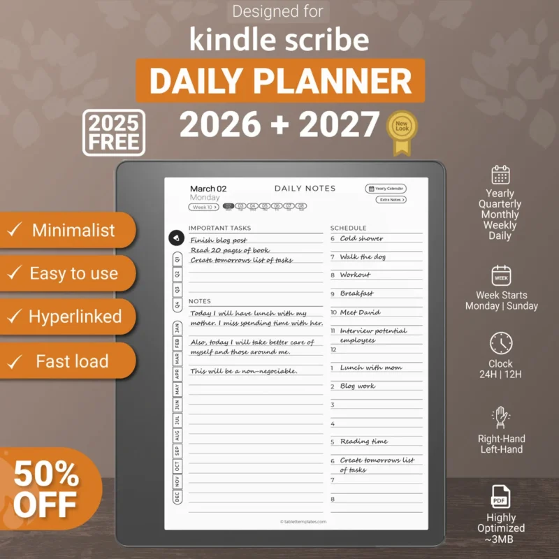 Kindle Scribe Daily Planner 2026 2027 Template