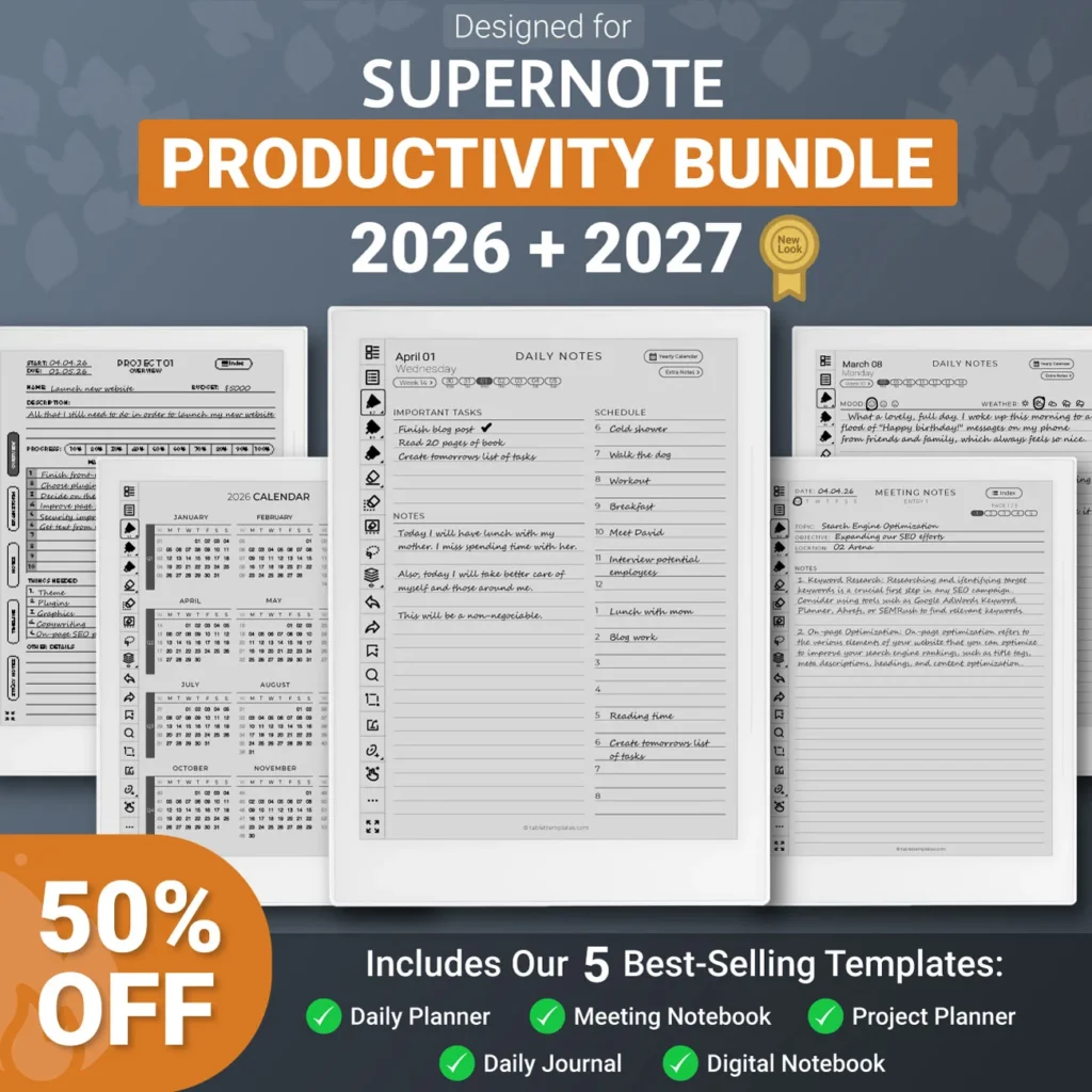 Supernote Templates Productivity Bundle 2026 2027 for Manta, Nomad, A5 A6 X1 X2 Planner, Journal, Meeting, Project