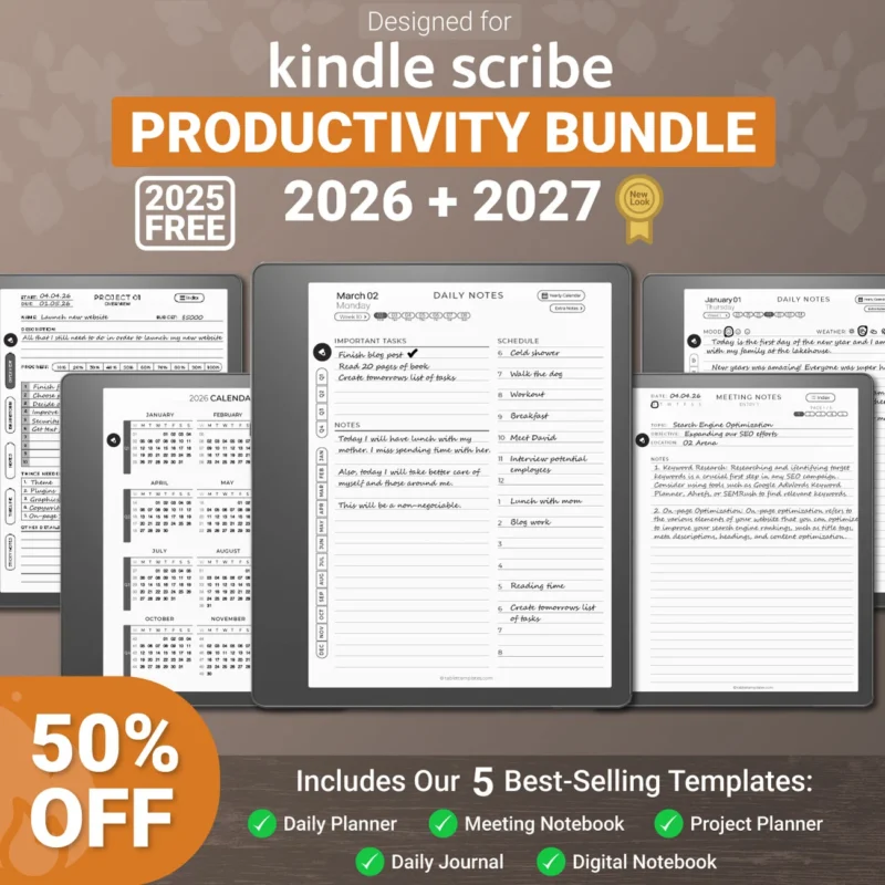 kindle scribe templates productivity bundle 2025 2026 2027