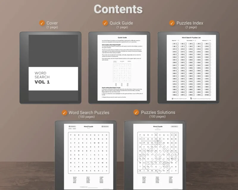 Kindle Scribe Word Search Puzzle Games Volume 1 - Contents