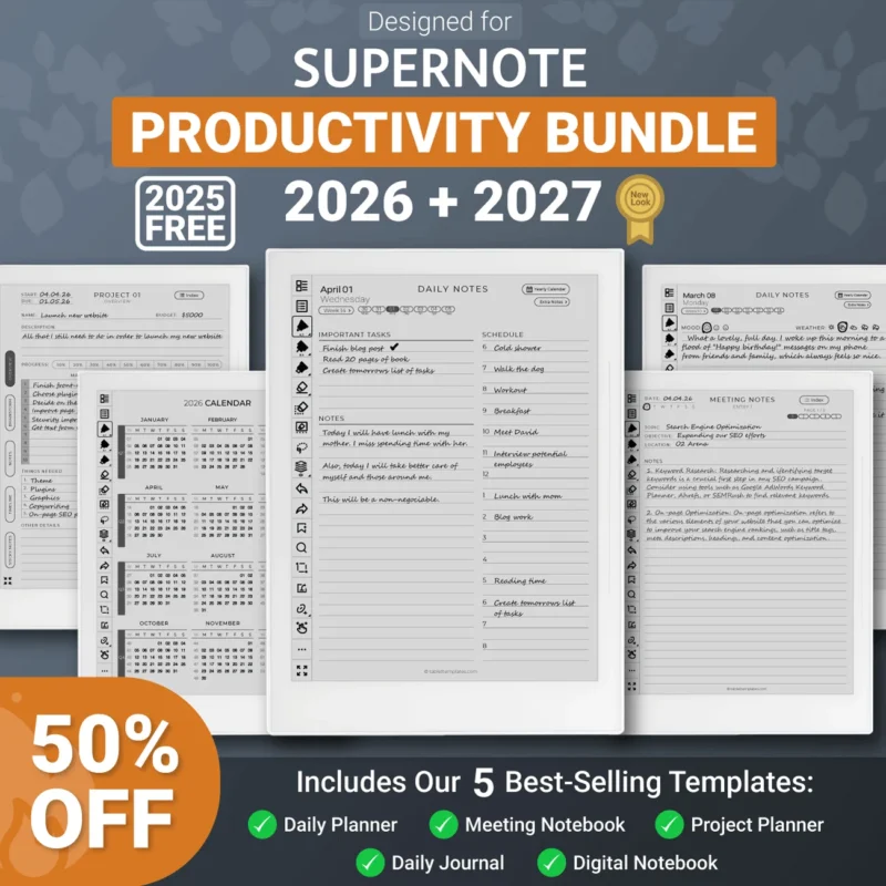 Supernote Templates Productivity Bundle 2026 2027 for Manta, Nomad, A5 A6 X1 X2 Planner, Journal, Meeting, Project