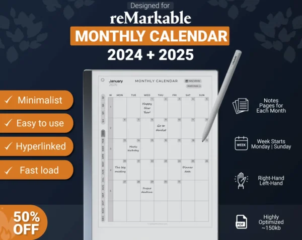 ReMarkable 2 Monthly Calendar 2024 + 2025 - TabletTemplates.com