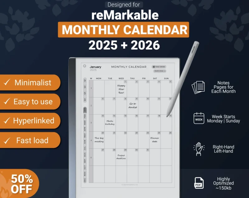 remarkable 2 monthly planner calendar template 2025 & 2026
