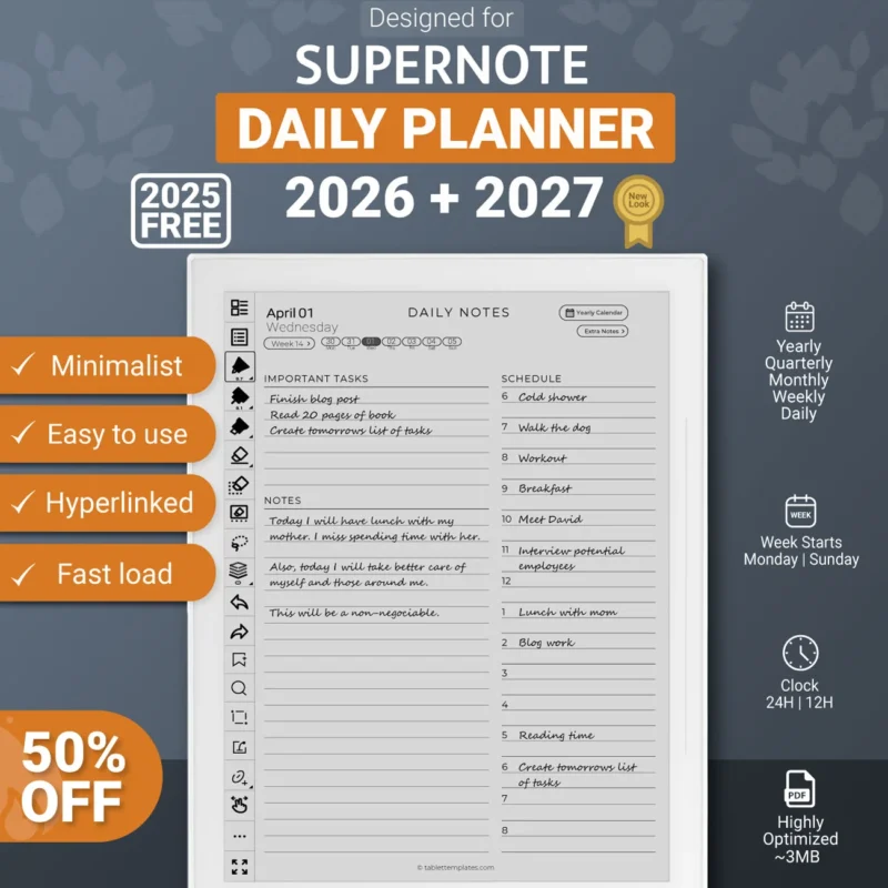 For Supernote Daily Planner Template 2026 2027 A5X X2 Manta A6X Nomad