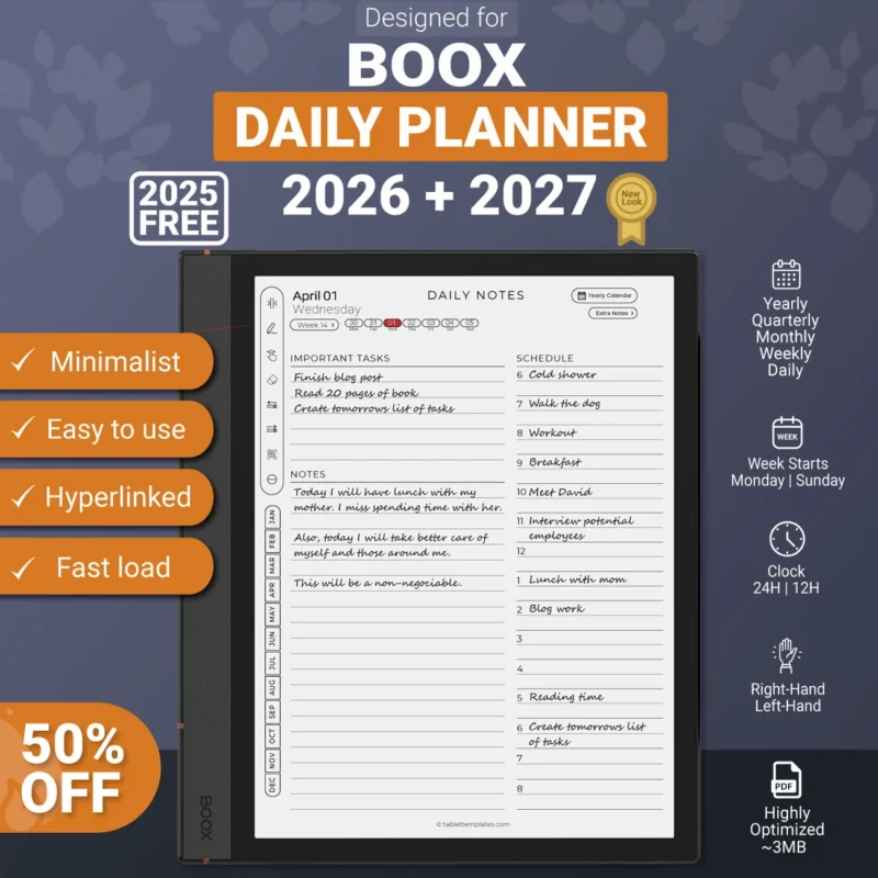 Boox Daily Planner Template 2026 2027 Note Air Tab Ultra Go