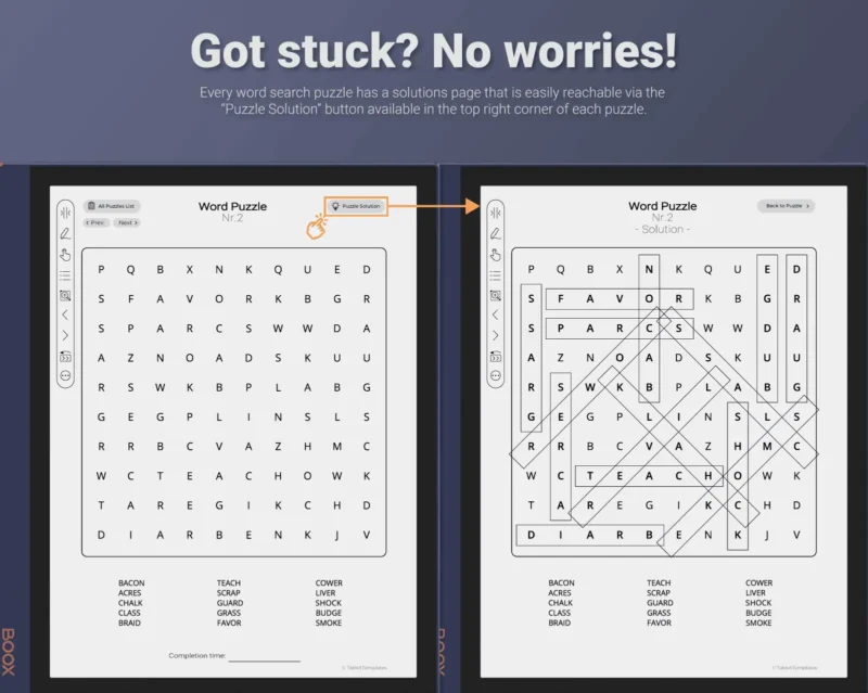 Boox Word Search Puzzle - Answers Provided