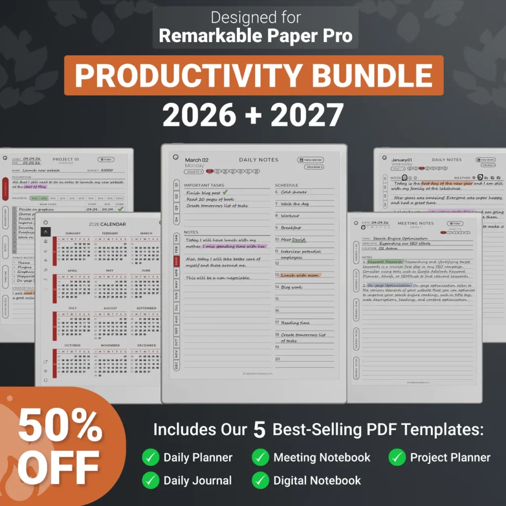 Designed for reMarkable Paper Pro Productivity Bundle - Daily Planner, Meeting Notes, Project Planner, Digital Notebook, Daily Journal
