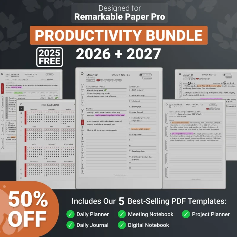 Designed for reMarkable Paper Pro Productivity Bundle - Daily Planner, Meeting Notes, Project Planner, Digital Notebook, Daily Journal