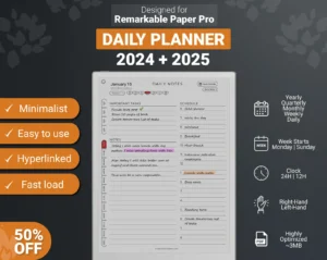 remarkable paper pro daily planner template 2024 & 2025