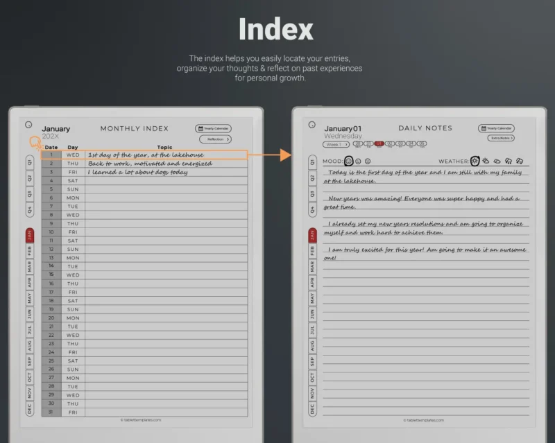 reMarkable Paper Pro Journal Template 2025, 2025, 2027 Index