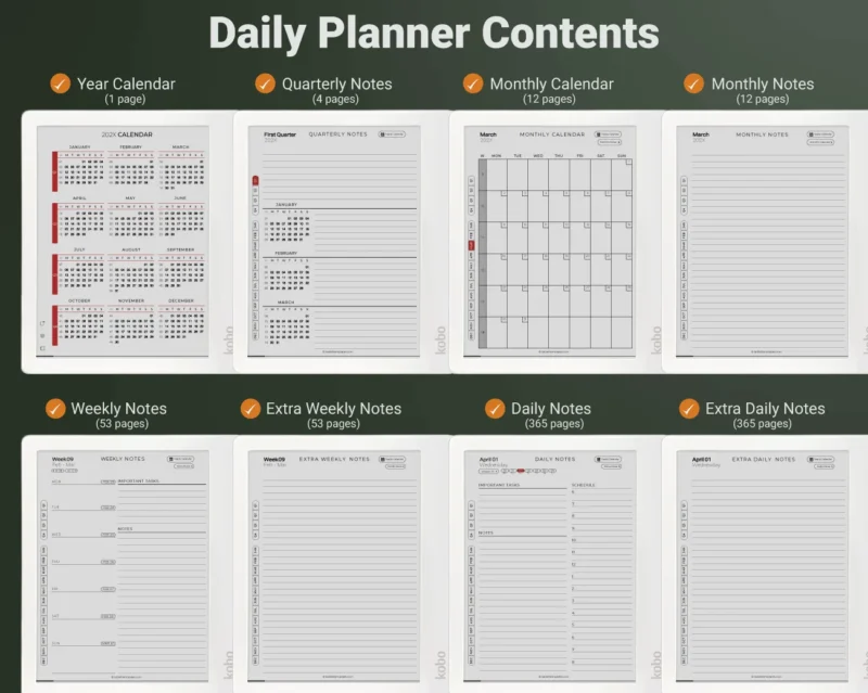 Kobo Daily Planner Contents